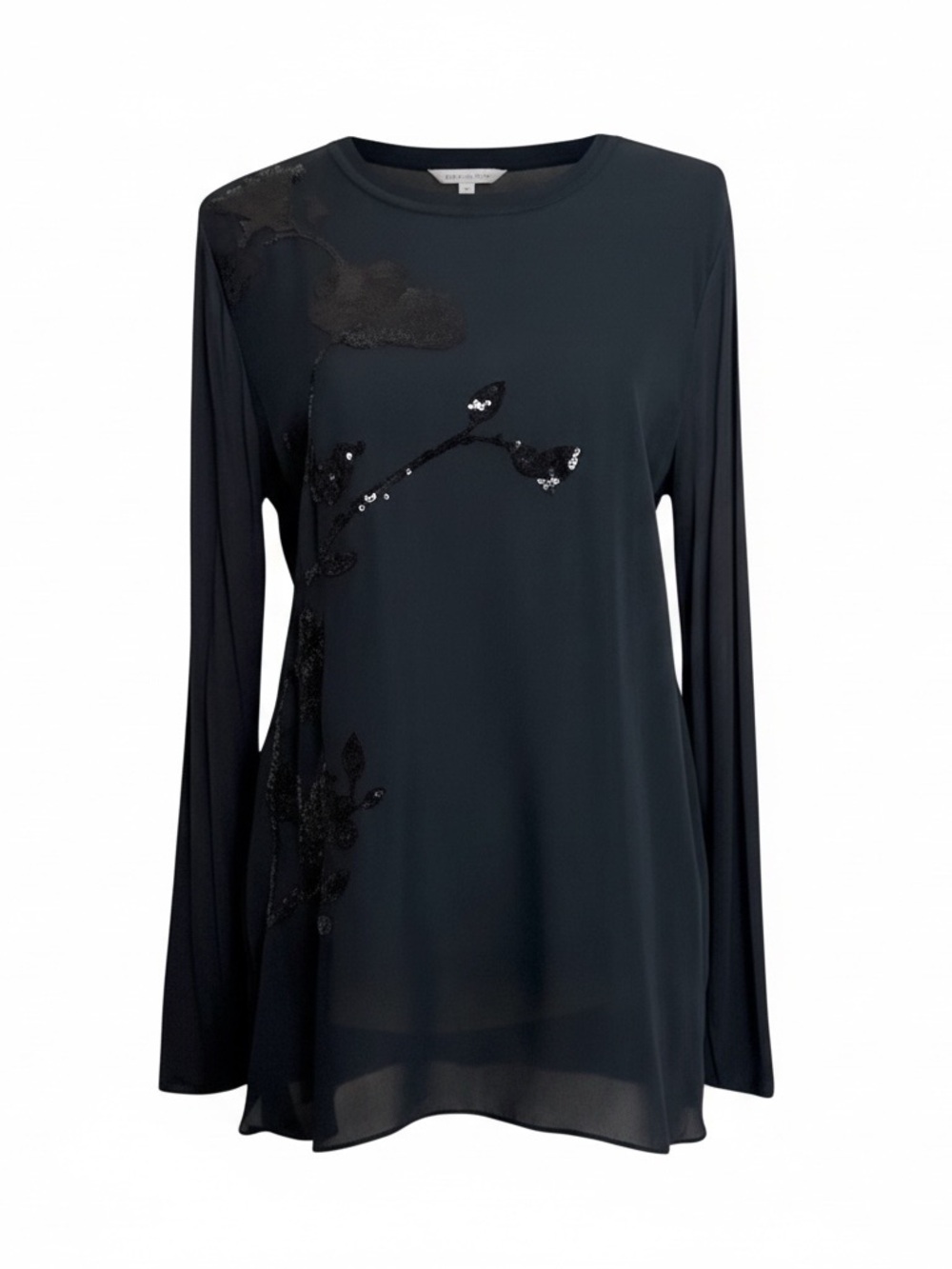 Ellie Tahari Navy With Black Sequined Flower Silk Top Long Sleeve Size S